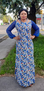 Load image into Gallery viewer, Stylish African Print Kaftan Dress-Neckline Cutout-Long Sleeve With Elastic Wristband.
