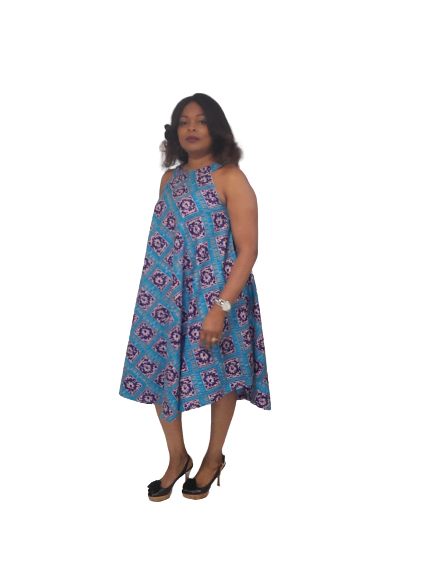 Stylish African Print A-Line Halter Neck Dress With Pockets-Knee Length.
