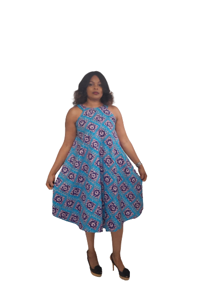 Stylish African Print A-Line Halter Neck Dress With Pockets-Knee Length.