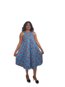 Stylish African Print A-Line Halter Neck Dress With Pockets-Knee Length.