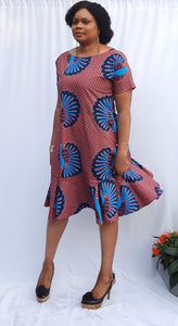 Stylish African Print Knee Length Ballerina Neckline Loose Dress--Short Sleeve with Pockets..