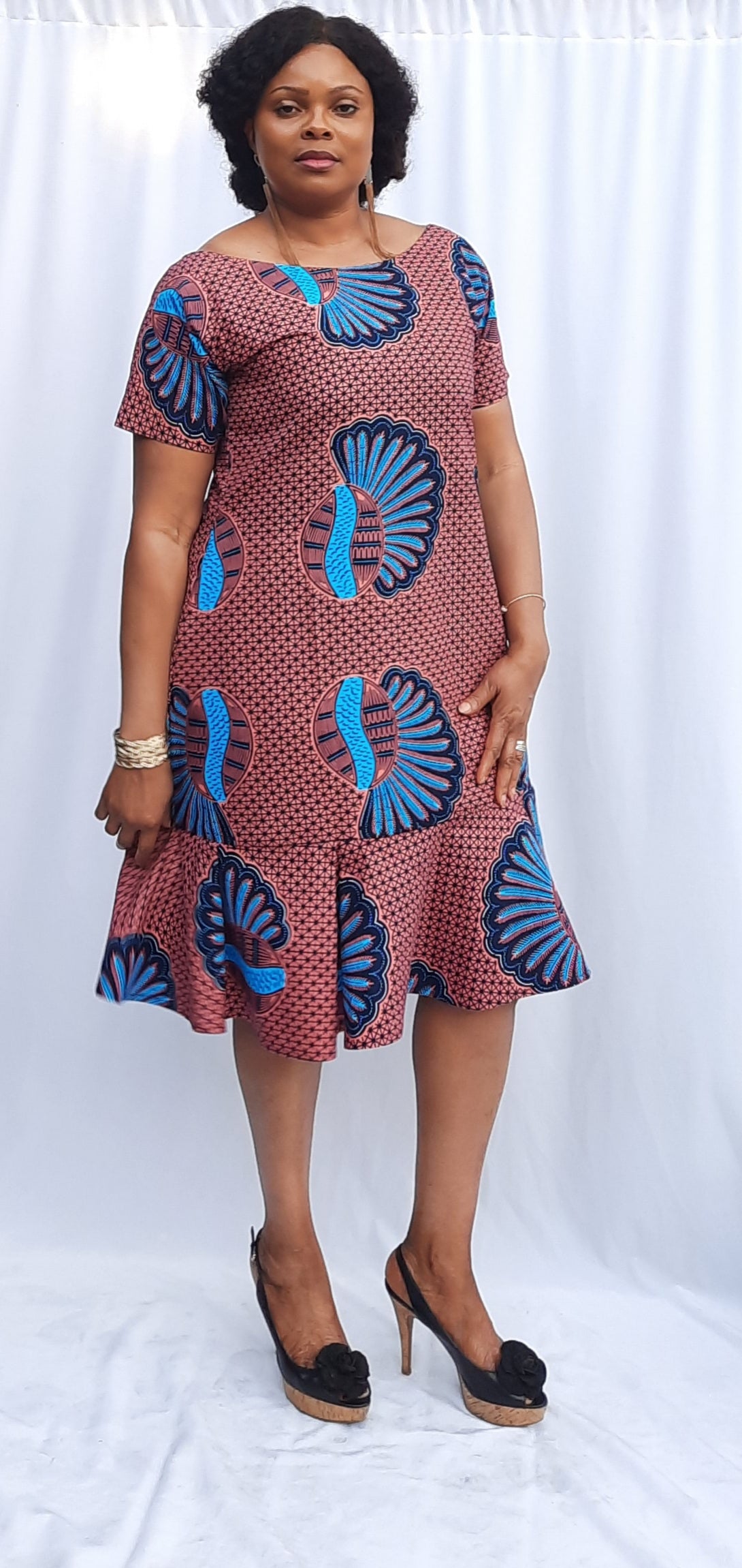 Stylish African Print Knee Length Ballerina Neckline Loose Dress