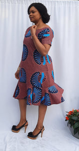 Stylish African Print Knee Length Ballerina Neckline Loose Dress--Short Sleeve with Pockets..