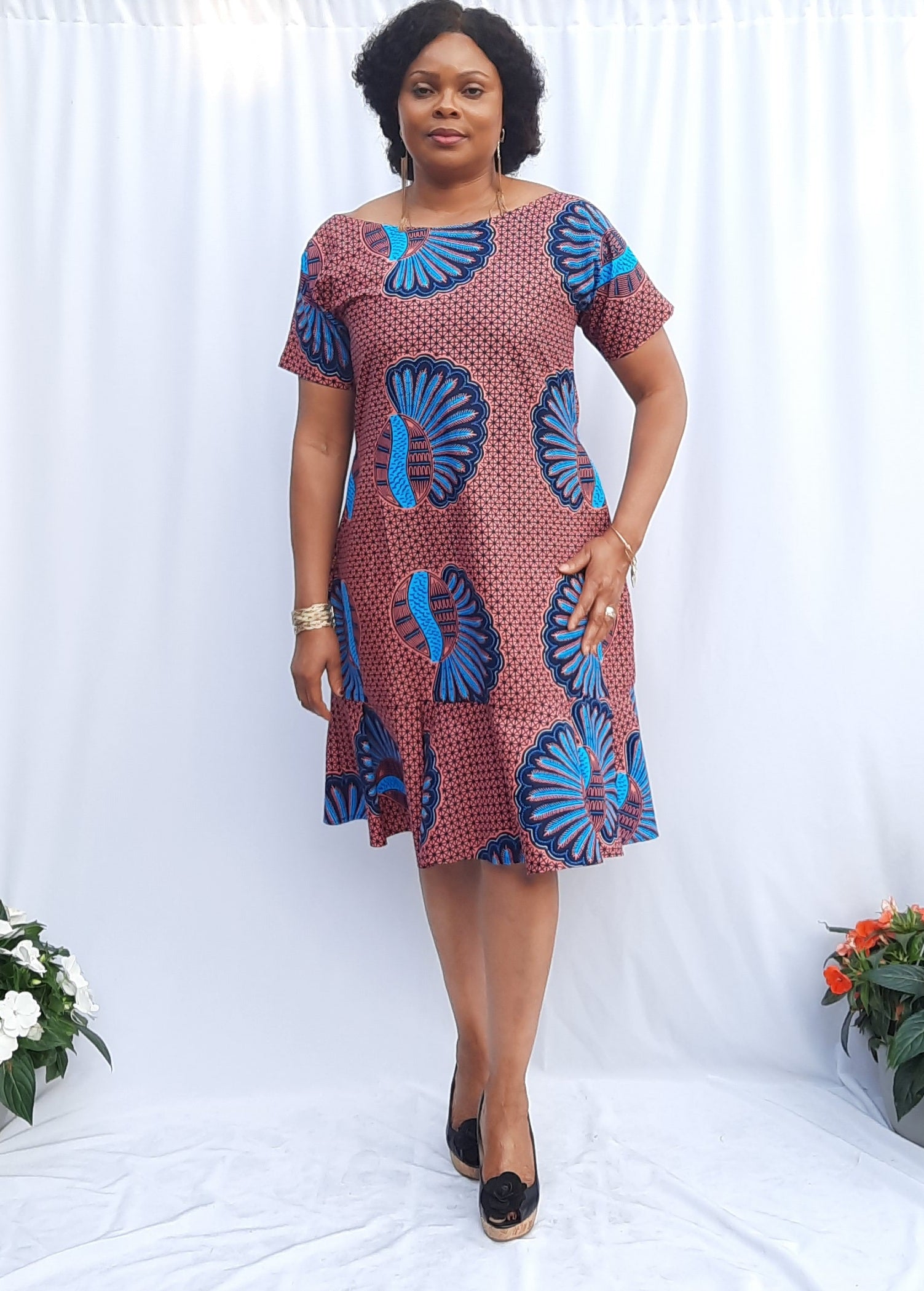 Stylish African Print Knee Length Ballerina Neckline Loose Dress--Shor Gloci Fashion Design Stylish African Print Knee Length Ballerina Neckline Loose Dress--Shor Gloci Fashion Design