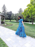 Load image into Gallery viewer, Vibrant African Print  A-Line Wrap Dress With Ruffled Edges--Floor Length.
