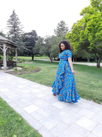 Load image into Gallery viewer, Vibrant African Print  A-Line Wrap Dress With Ruffled Edges--Floor Length.
