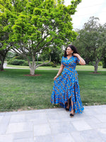 Load image into Gallery viewer, Vibrant African Print  A-Line Wrap Dress With Ruffled Edges--Floor Length.
