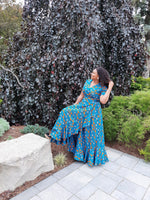 Load image into Gallery viewer, Vibrant African Print  A-Line Wrap Dress With Ruffled Edges--Floor Length.
