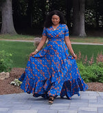 Load image into Gallery viewer, Vibrant African Print  A-Line Wrap Dress With Ruffled Edges--Floor Length.
