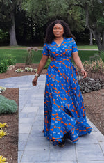 Load image into Gallery viewer, Vibrant African Print  A-Line Wrap Dress With Ruffled Edges--Floor Length.
