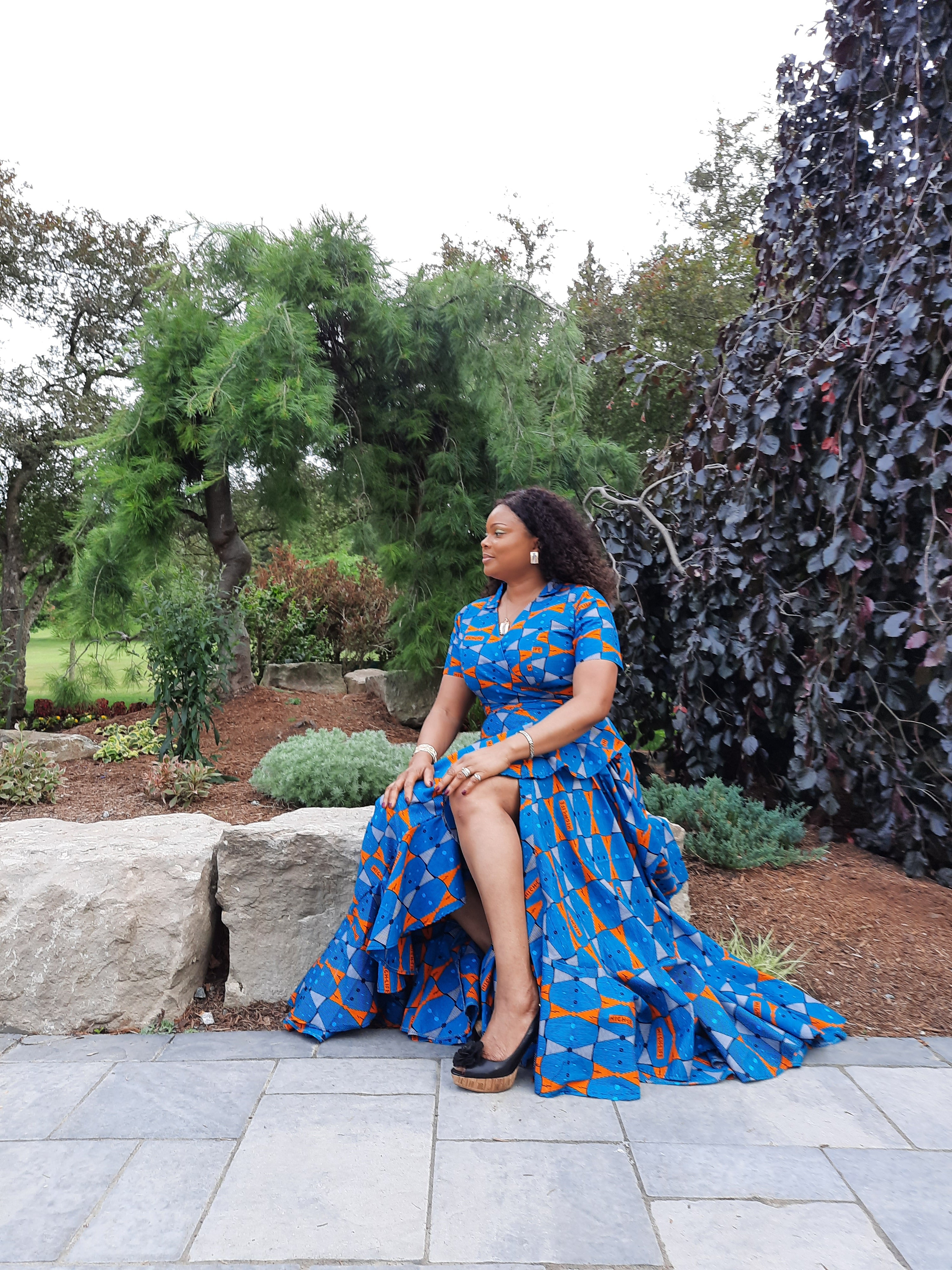 Vibrant African Print  A-Line Wrap Dress With Ruffled Edges--Floor Length.