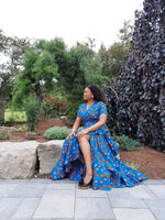 Load image into Gallery viewer, Vibrant African Print  A-Line Wrap Dress With Ruffled Edges--Floor Length.

