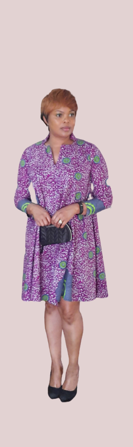 Elegant African Print A-Line Long Sleeve Dress With Front Neckline Slit.