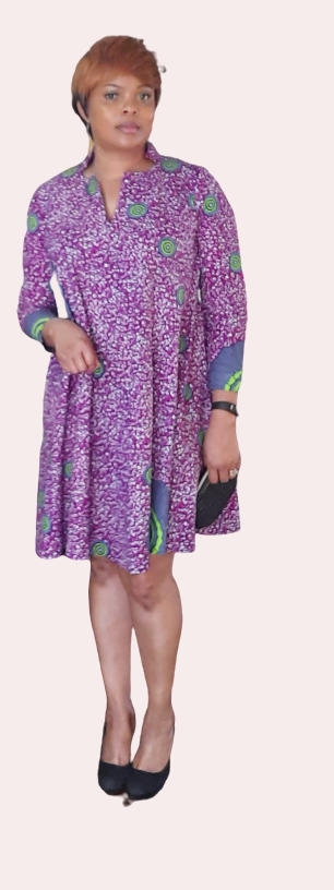 Elegant African Print A-Line Long Sleeve Dress With Front Neckline Slit.