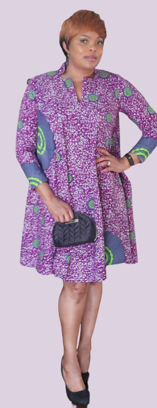 Elegant African Print A-Line Long Sleeve Dress With Front Neckline Slit.