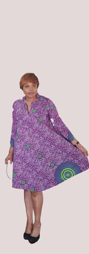 Elegant African Print A-Line Long Sleeve Dress With Front Neckline Slit.