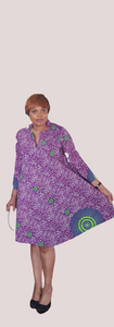 Elegant African Print A-Line Long Sleeve Dress With Front Neckline Slit.