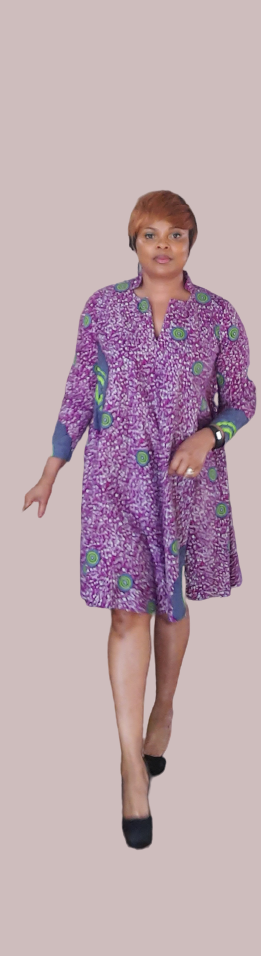 Elegant African Print A-Line Long Sleeve Dress With Front Neckline Slit.