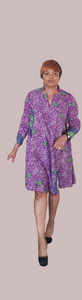 Elegant African Print A-Line Long Sleeve Dress With Front Neckline Slit.