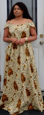 Load image into Gallery viewer, African Print Off Shoulder Long Dress With Two Pockets. Easy to Wear.
