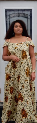 Load image into Gallery viewer, African Print Off Shoulder Long Dress With Two Pockets. Easy to Wear.
