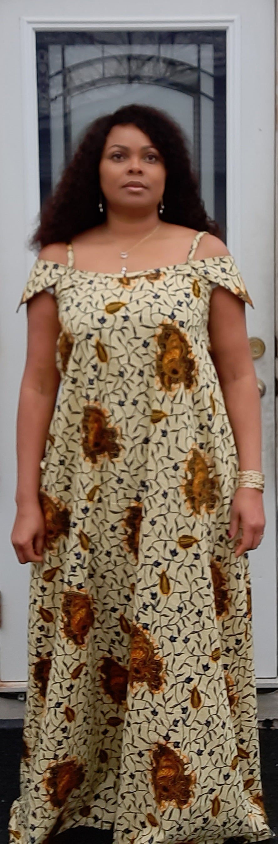African Print Off Shoulder Long Dress With Two Pockets. Easy to Wear.