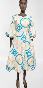Load image into Gallery viewer, Elegant African Print A-Line Dress. Puff Sleeve.
