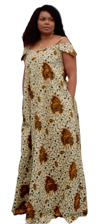 African Print Off Shoulder Long Dress With Two Pockets. Easy to Wear.