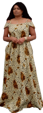 Load image into Gallery viewer, African Print Off Shoulder Long Dress With Two Pockets. Easy to Wear.
