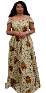 Load image into Gallery viewer, African Print Off Shoulder Long Dress With Two Pockets. Easy to Wear.

