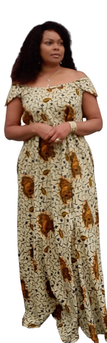 Load image into Gallery viewer, African Print Off Shoulder Long Dress With Two Pockets. Easy to Wear.
