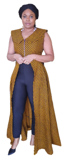 Load image into Gallery viewer, African Print Gorgeous Sleeveless Jacket Style V Neck Dress Front Cut Out.

