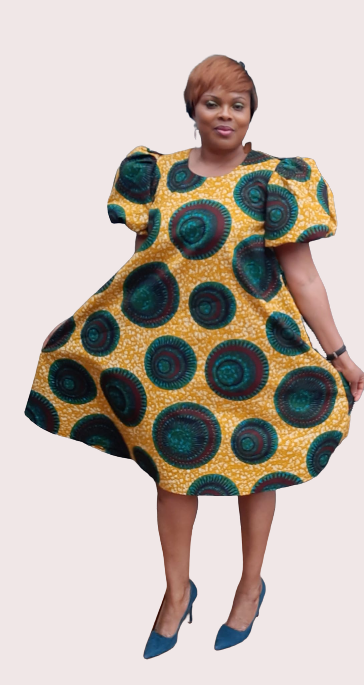 Vibrant African Print Balloon Half Sleeve A Line Dress. Gloci Fashion Design
