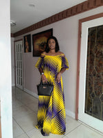 Load image into Gallery viewer, Elegant African Print Flare Dress with Detachable Puffy Sleeve.
