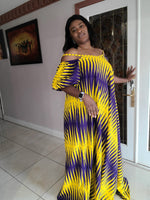 Load image into Gallery viewer, Elegant African Print Flare Dress with Detachable Puffy Sleeve.
