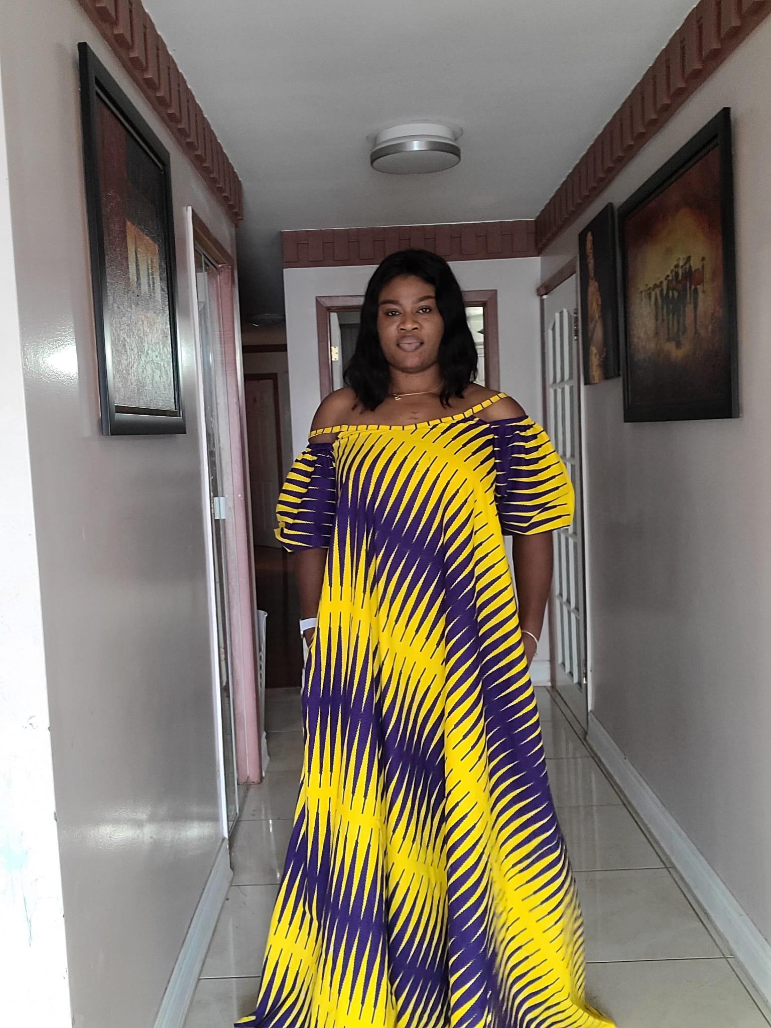 Elegant African Print Flare Dress with Detachable Puffy Sleeve.