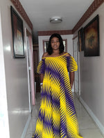 Load image into Gallery viewer, Elegant African Print Flare Dress with Detachable Puffy Sleeve.
