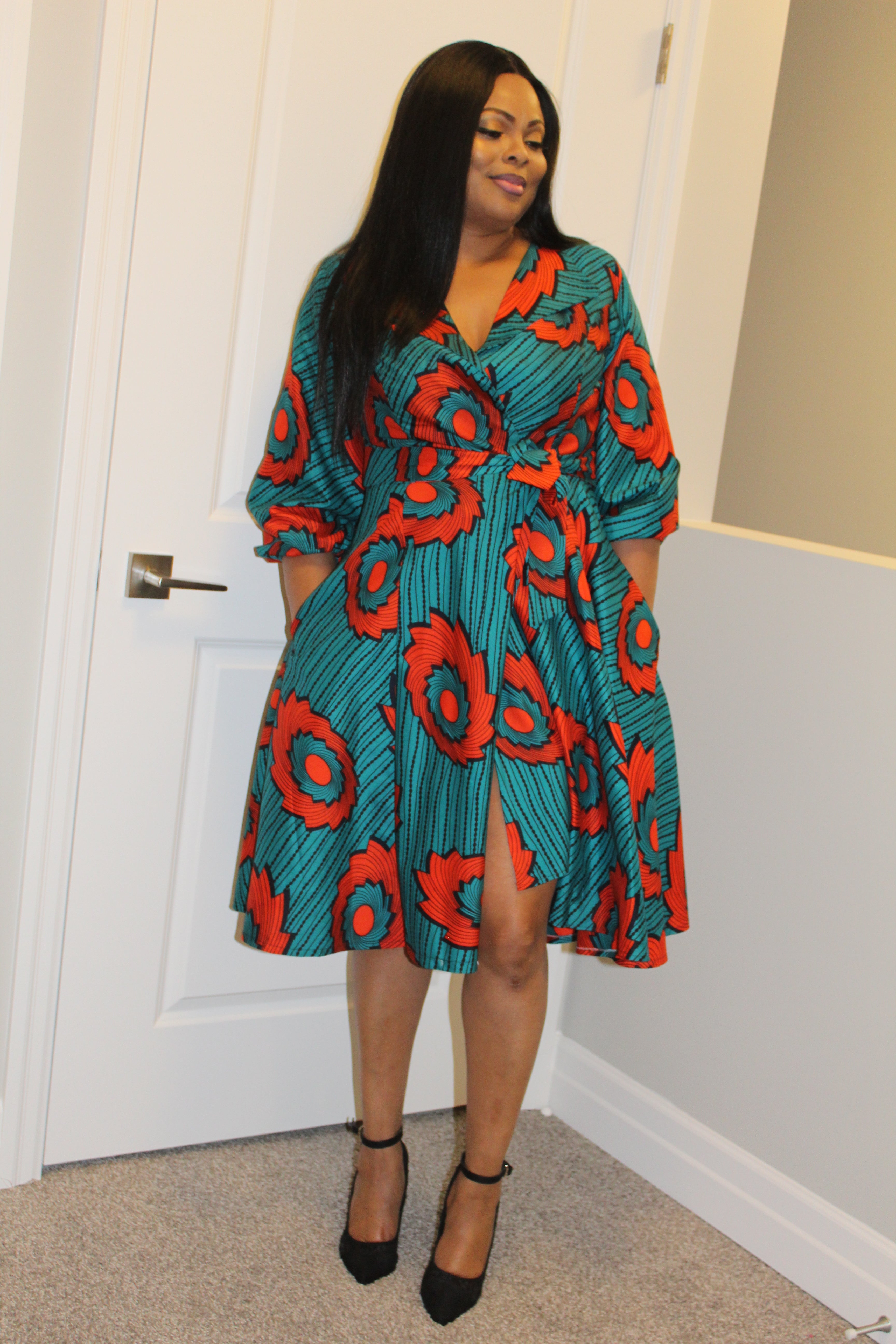 african wrap dress designs Awoorin Royal-Blue and Yellow Wrap Midi Dress