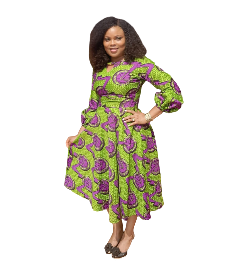 Vibrant African Print Midi Flare Dress With Wrist Band Sleeves.