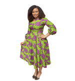 Load image into Gallery viewer, Vibrant African Print Midi Flare Dress With Wrist Band Sleeves.
