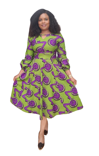 Vibrant African Print Midi Flare Dress With Wrist Band Sleeves.