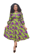 Load image into Gallery viewer, Vibrant African Print Midi Flare Dress With Wrist Band Sleeves.

