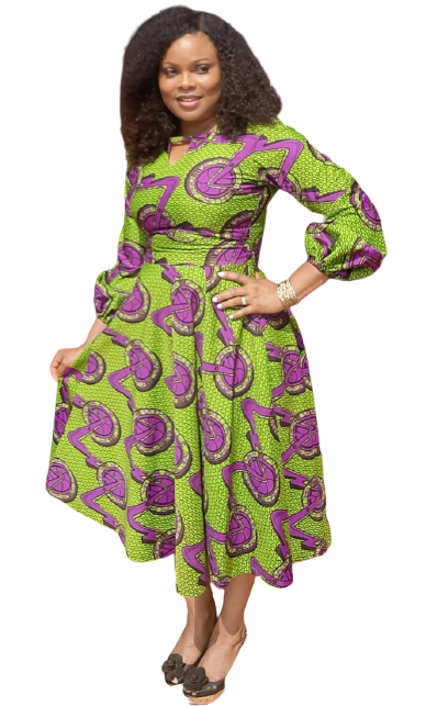 Vibrant African Print Midi Flare Dress With Wrist Band Sleeves.