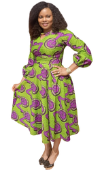 Load image into Gallery viewer, Vibrant African Print Midi Flare Dress With Wrist Band Sleeves.
