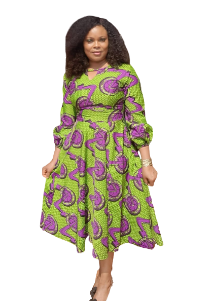 Vibrant African Print Midi Flare Dress With Wrist Band Sleeves.