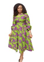 Load image into Gallery viewer, Vibrant African Print Midi Flare Dress With Wrist Band Sleeves.
