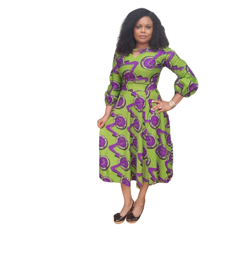 Vibrant African Print Midi Flare Dress With Wrist Band Sleeves.