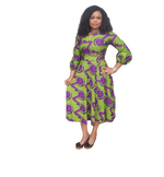 Load image into Gallery viewer, Vibrant African Print Midi Flare Dress With Wrist Band Sleeves.
