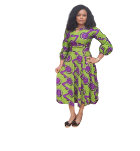 Vibrant African Print Midi Flare Dress With Wrist Band Sleeves.